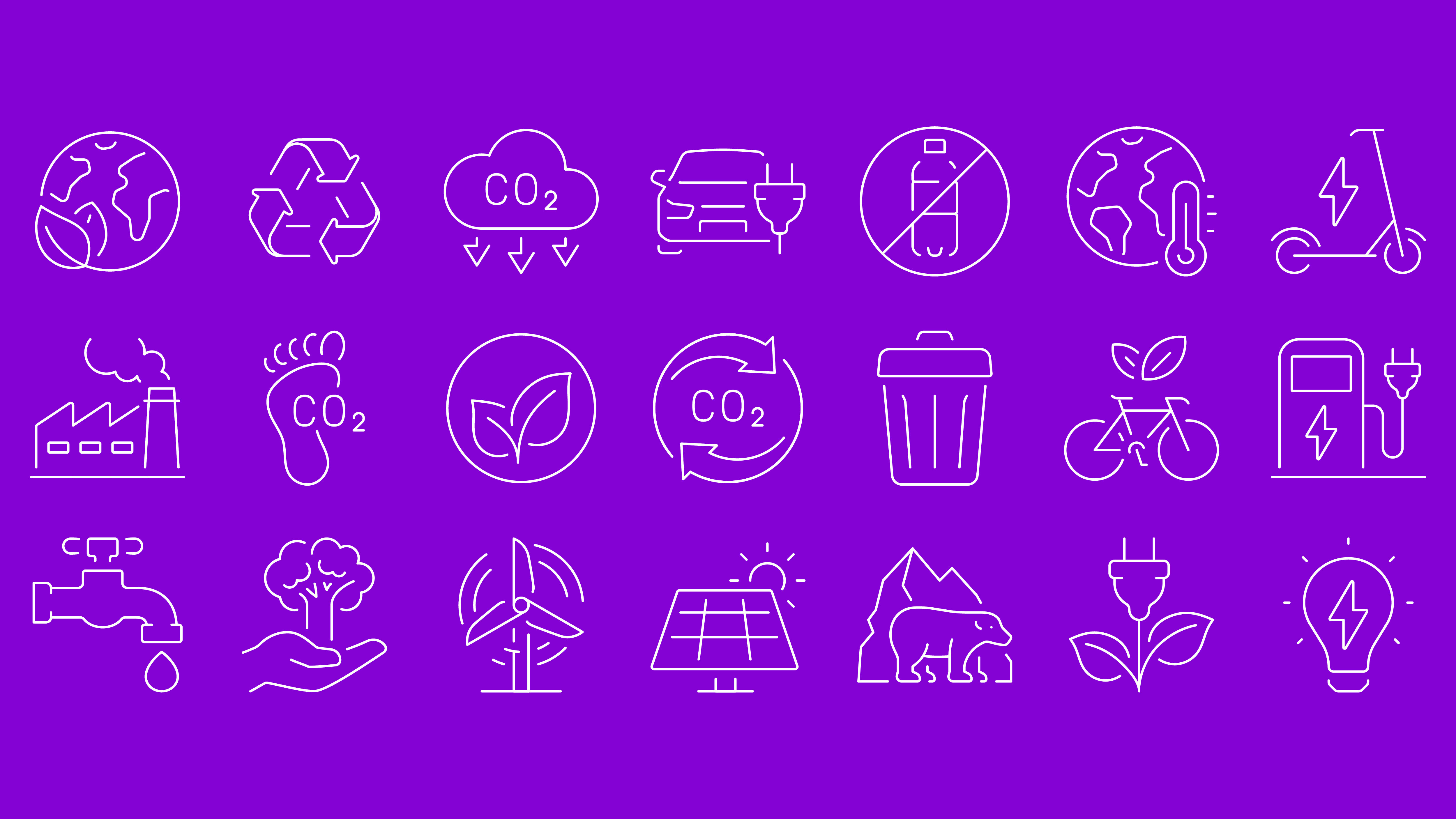 Carbon footprint, CO2 neutral, net zero, sustainable development white outline icons on a purple background.