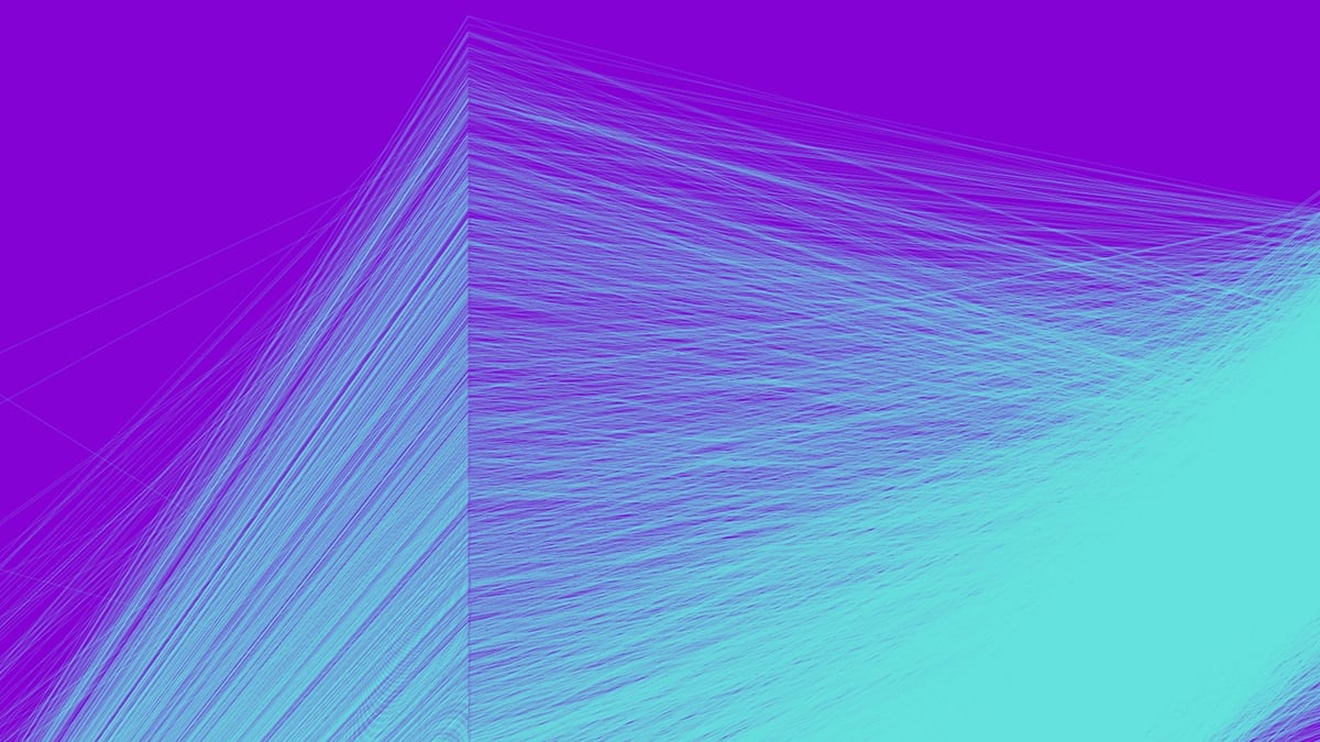 Purple background with aqua waveforms on top.