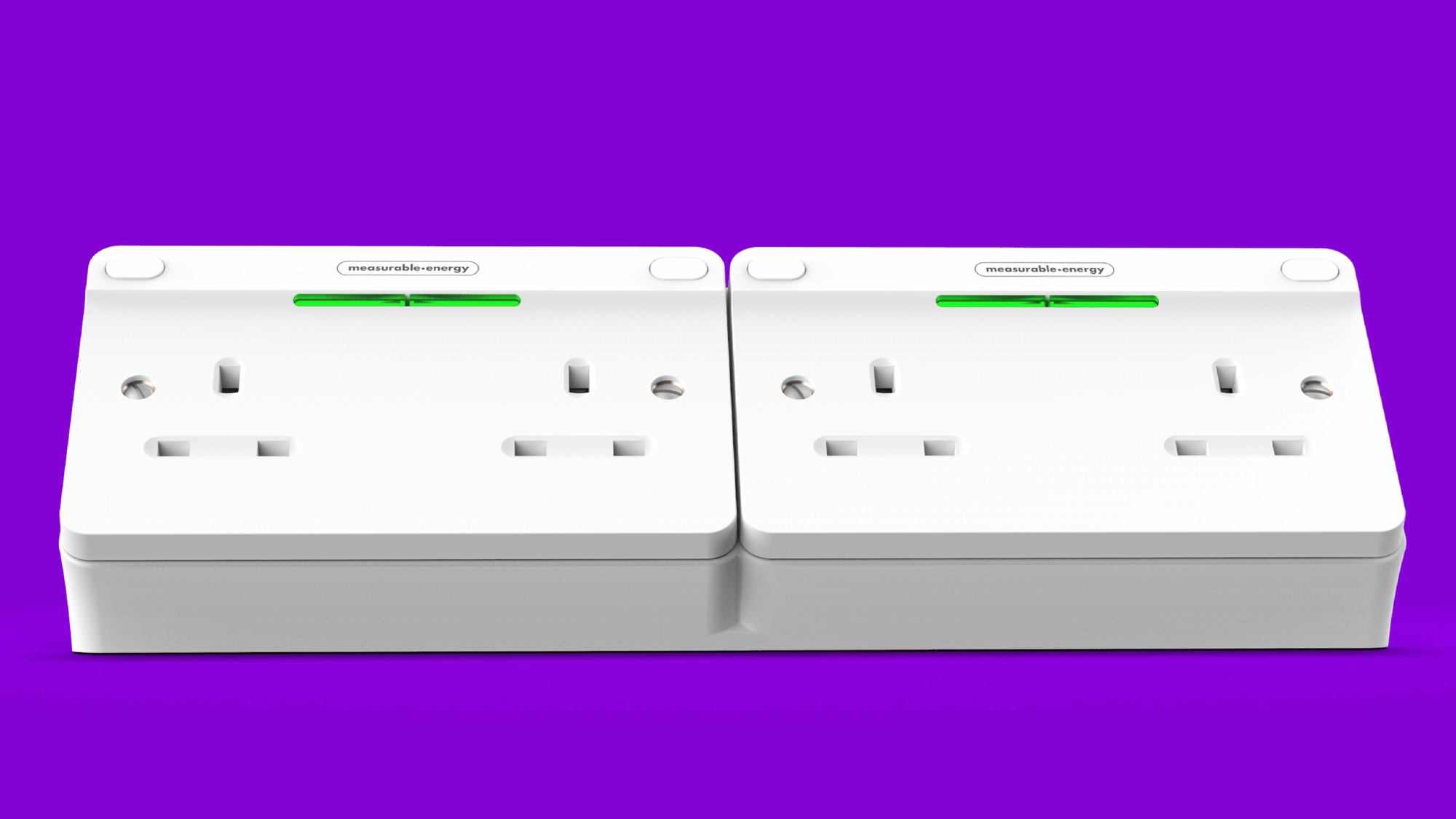Front of 2 measurable.energy double gang plug sockets, in a desk mounted bracket.