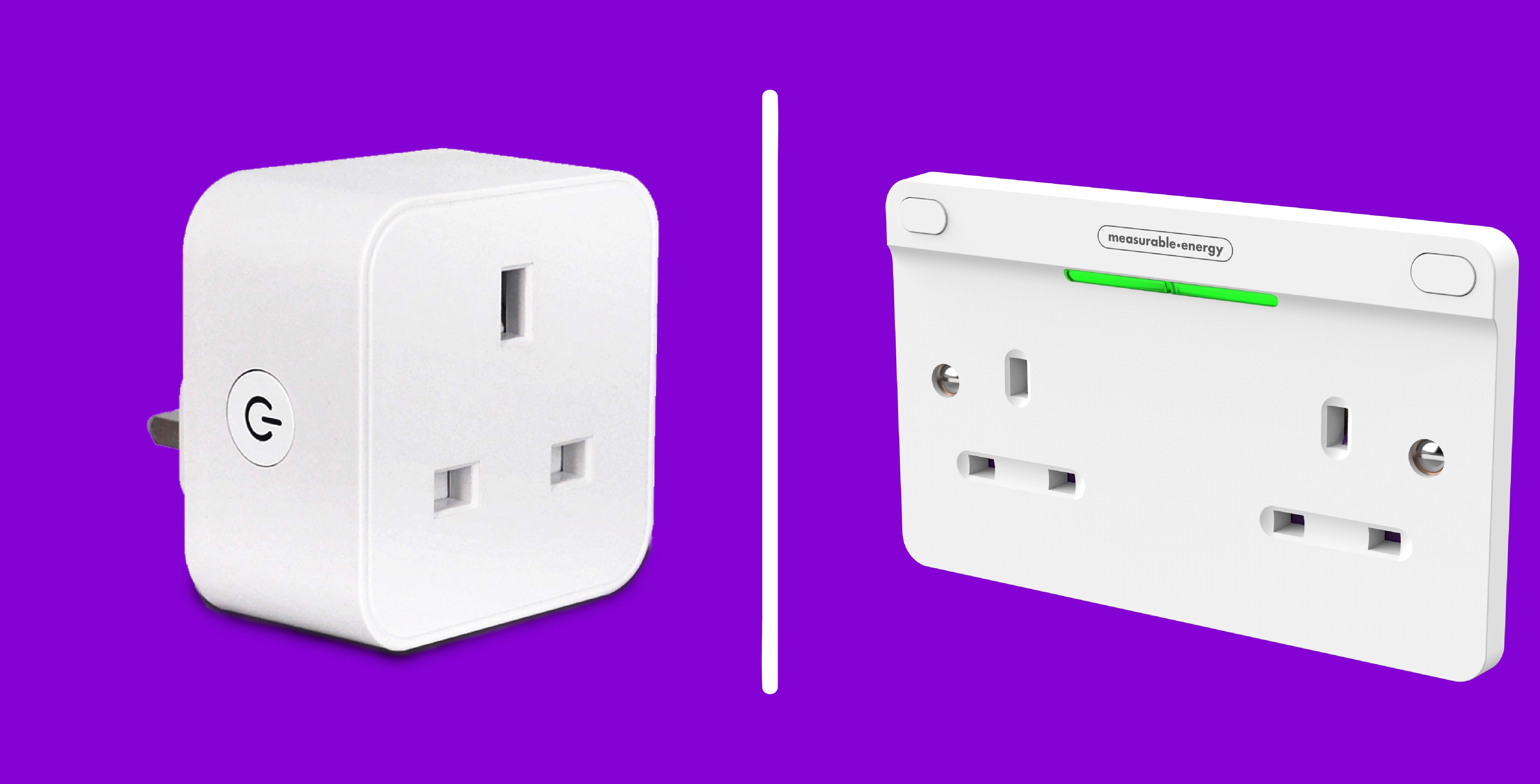 smart socket and measurable energy socket side by side on a purple background.